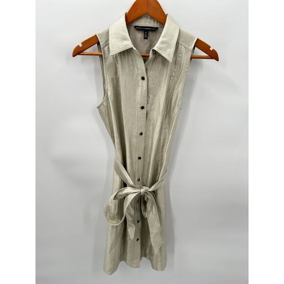 White House Black Market Metallic Gold Satin Button Down Dress // 4 Petite - Picture 3 of 10